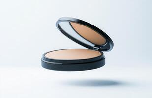 A flat cosmetic compact case levitating in mid-air, with clean edges and smooth reflections, isolated on a bright white background photo