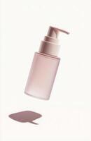 A sleek, plain cosmetic pump bottle floating horizontally in mid-air, casting a delicate shadow on a white background photo