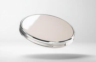 A flat cosmetic compact case levitating in mid-air, with clean edges and smooth reflections, isolated on a bright white background photo