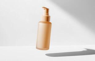 A sleek, plain cosmetic pump bottle floating horizontally in mid-air, casting a delicate shadow on a white background photo