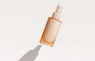 A sleek, plain cosmetic pump bottle floating horizontally in mid-air, casting a delicate shadow on a white background photo