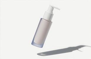 A sleek, plain cosmetic pump bottle floating horizontally in mid-air, casting a delicate shadow on a white background photo