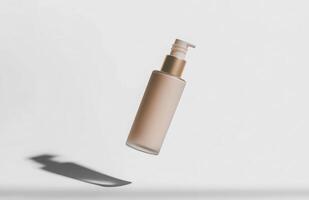 A sleek, plain cosmetic pump bottle floating horizontally in mid-air, casting a delicate shadow on a white background photo