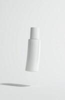 A simple, elongated cosmetic bottle hovering in mid-air, with smooth surfaces and clean lines, suspended against a white background photo