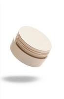A plain, round cosmetic jar floating at an angle in mid-air, with smooth lighting and subtle reflections on its surface, isolated on white photo