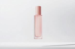 A simple, elongated cosmetic bottle hovering in mid-air, with smooth surfaces and clean lines, suspended against a white background photo