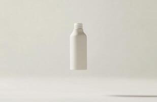 A simple, elongated cosmetic bottle hovering in mid-air, with smooth surfaces and clean lines, suspended against a white background photo