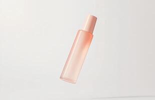 A simple, elongated cosmetic bottle hovering in mid-air, with smooth surfaces and clean lines, suspended against a white background photo