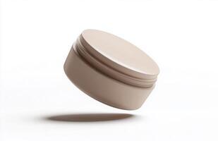 A plain, round cosmetic jar floating at an angle in mid-air, with smooth lighting and subtle reflections on its surface, isolated on white photo