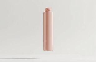 A simple, elongated cosmetic bottle hovering in mid-air, with smooth surfaces and clean lines, suspended against a white background photo
