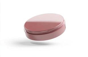 A plain, round cosmetic jar floating at an angle in mid-air, with smooth lighting and subtle reflections on its surface, isolated on white photo
