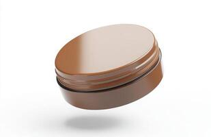 A plain, round cosmetic jar floating at an angle in mid-air, with smooth lighting and subtle reflections on its surface, isolated on white photo