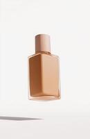 A minimalist cosmetic bottle floating in mid-air, isolated on a clean white background, casting a soft shadow below, perfect for mockup photo