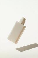 A minimalist cosmetic bottle floating in mid-air, isolated on a clean white background, casting a soft shadow below, perfect for mockup photo
