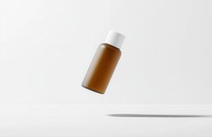 A minimalist cosmetic bottle floating in mid-air, isolated on a clean white background, casting a soft shadow below, perfect for mockup photo