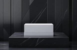 A plain, rectangular cosmetic box sitting on a modern, geometric podium with subtle reflections and matte finish textures photo