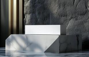 A plain, rectangular cosmetic box sitting on a modern, geometric podium with subtle reflections and matte finish textures photo
