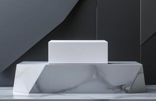 A plain, rectangular cosmetic box sitting on a modern, geometric podium with subtle reflections and matte finish textures photo