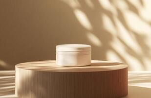 A plain, elegant cosmetic jar on a smooth wooden podium, with natural lighting creating gentle shadows on the product and surface photo