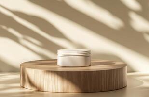 A plain, elegant cosmetic jar on a smooth wooden podium, with natural lighting creating gentle shadows on the product and surface photo