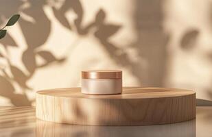 A jar of cream sits on a wooden stand photo