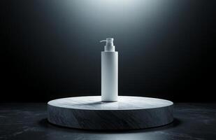 A white bottle of lotion sits on a marble pedestal photo