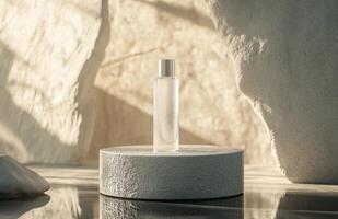 A bottle of perfume sitting on a stone pedestal photo