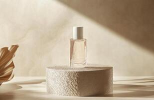 A bottle of perfume sitting on a table photo