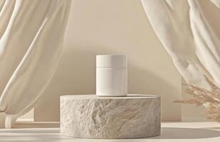 A white bottle sitting on a stone pedestal photo