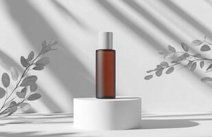 A bottle of perfume on a white pedestal photo