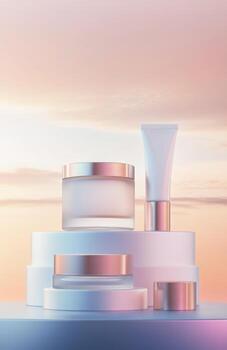 belleza productos en un mesa con un puesta de sol en el antecedentes foto