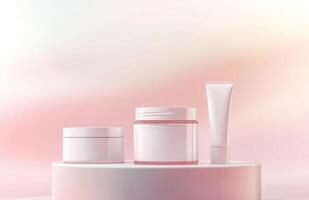 Three empty cosmetic jars on a table with a pink background photo