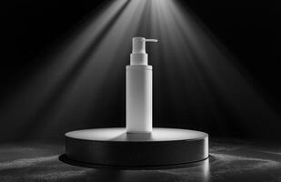 A white bottle of soap is on a stand in the middle of a spotlight photo