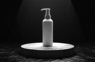A white bottle of lotion sits on a marble pedestal photo