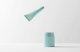A bottle of shampoo is sitting on a table photo