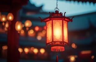 A red lantern hanging in the air photo