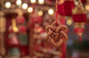 A wooden ornament hanging from a string photo