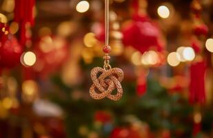 A gold snake ornament hanging from a string photo
