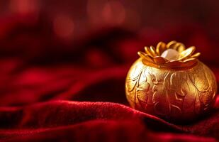 A golden object sitting on a red cloth photo