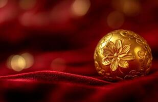 Golden easter egg on red velvet background photo