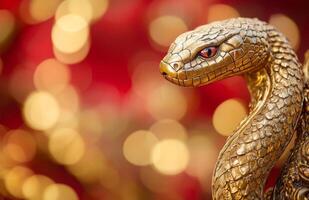 A golden snake statue on a red background photo
