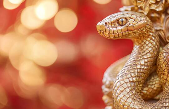 A golden snake statue on a red background photo
