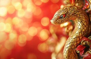 A golden snake statue on a red background photo