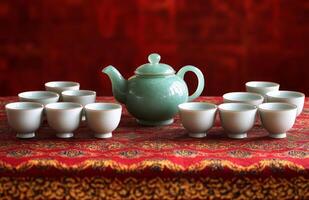 A green tea pot and cups on a red table cloth photo