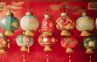 Many colorful chinese lanterns hanging from a wall photo