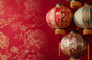 Chinese lanterns hanging on a red wall photo