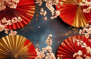 Japanese paper fan and cherry blossom background with copy space photo