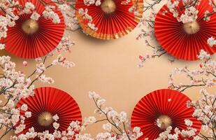 Red paper lanterns and cherry blossom branches on a beige background photo