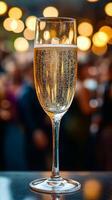 A sharp focus on a glass of champagne popping, with a blurred party crowd in the background photo