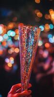 A glittery noisemaker, with a blurred crowd in the background photo